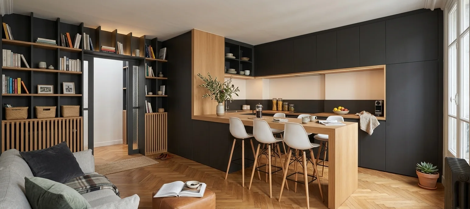 La bibliothèque se prolonge dans la cuisine