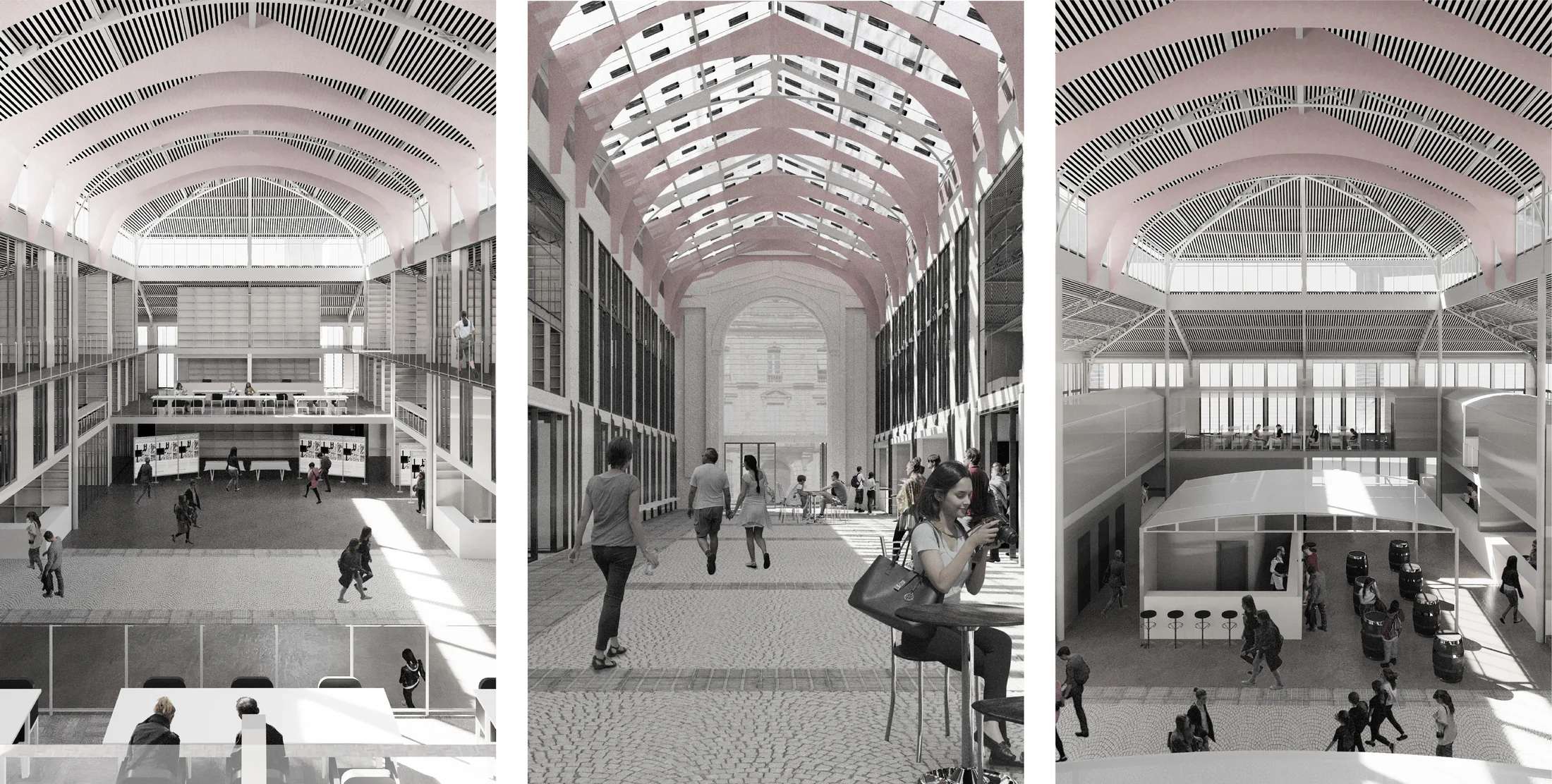 Vues intérieures des halles et de la traversée
